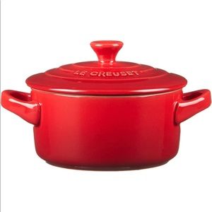 Le Creuset Stoneware Set of 4 Mini Cocottes with Cookbook, 8 oz. each, Cerise
